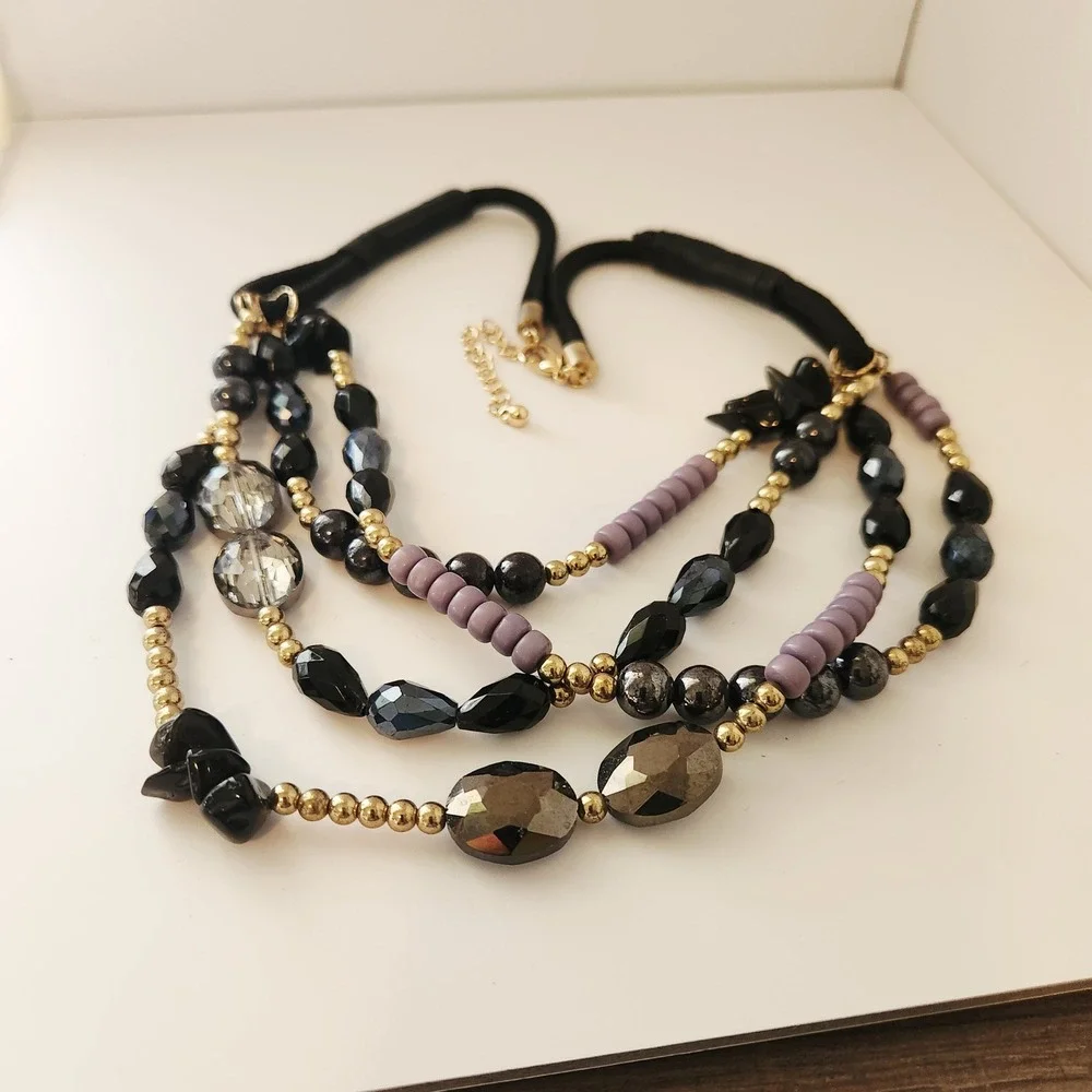 Multi Strand Statement Necklace Black Purple Gold Beaded Layered Cord Adjustable